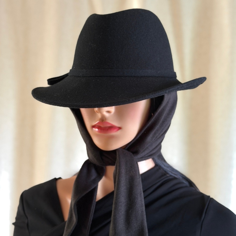 Vtg 90s Betmar New York Black 100% Wool Fedora Hat Attached Scarf Made in USA